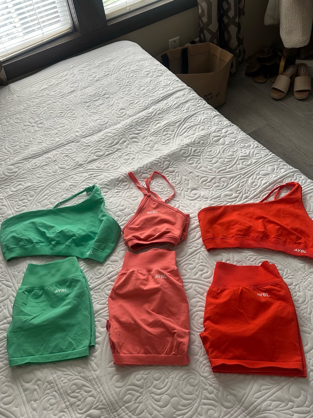 AYBL Activewear Trio — Green, Coral, and Red Matching Sets